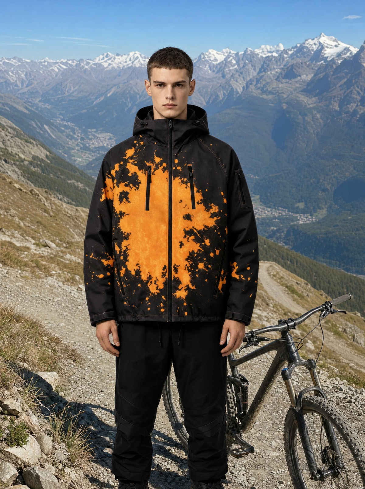 MountainShift jacket in Orange on an alpine trail