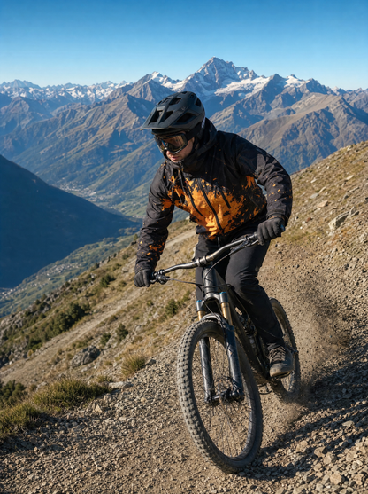 MountainShift jacket in Orange descending alpine switchbacks