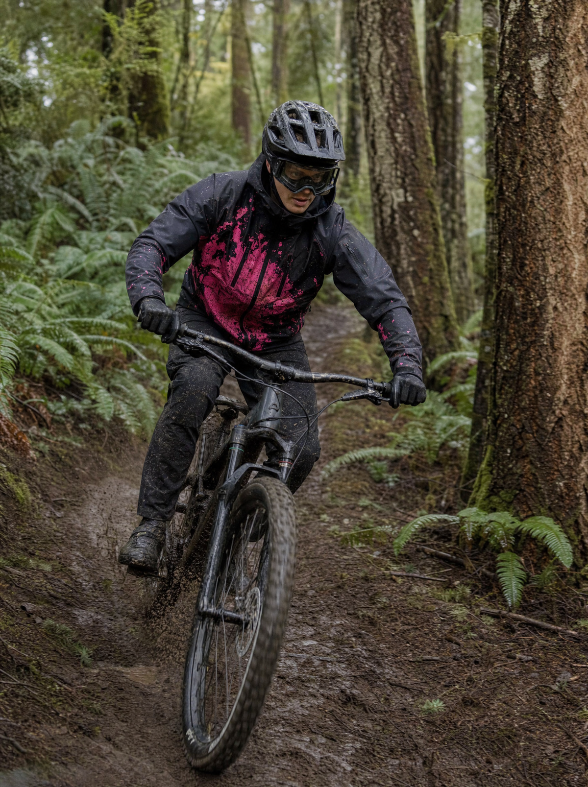 MountainShift jacket in Pink riding a forest singletrack