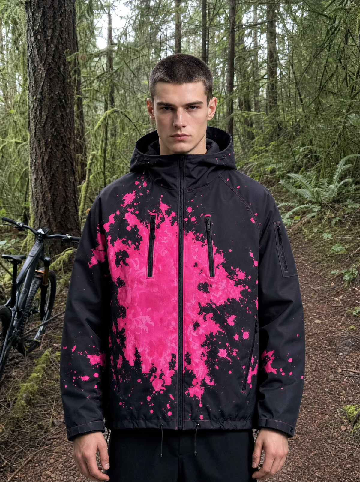 MountainShift jacket in Pink on a forest trail