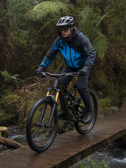 MountainShift jacket in Blue riding a creek boardwalk